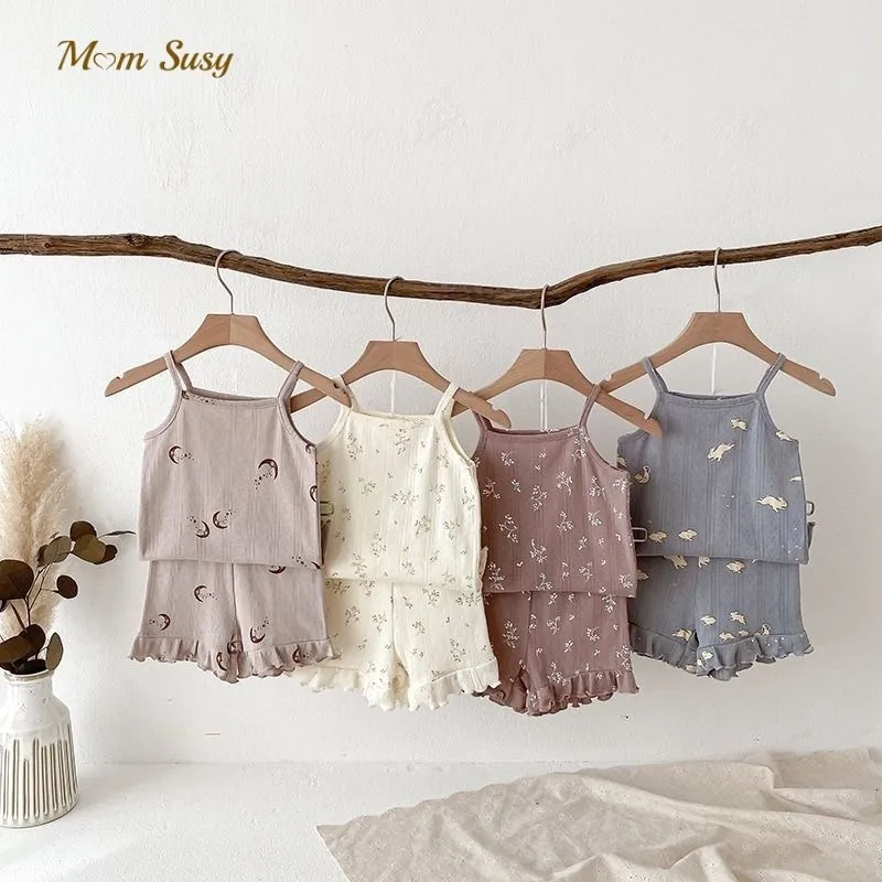 אופנה לתינוקת ילדה, כותנה הדפס פרחוני סט 2 חלקים