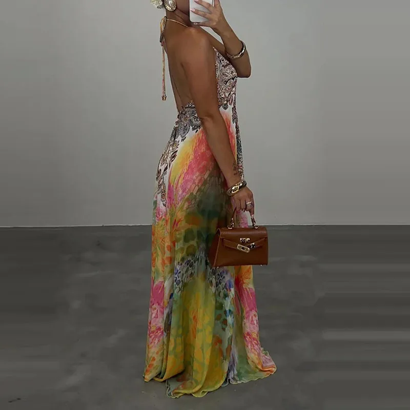 שמלת ערב מודפסת בוהמית אלגנטית עם מותן גבוה, מחשוף וי סקסי, גב חשוף וללא שרוולים
