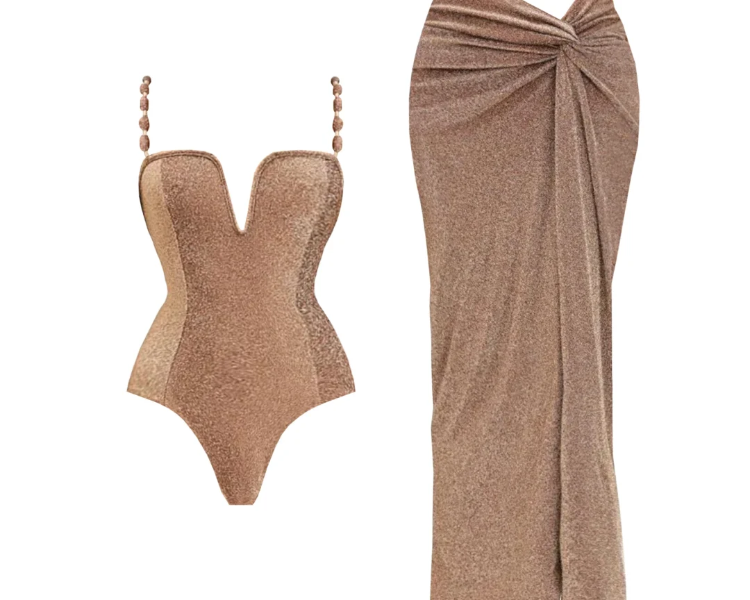 3 חלקים, בגד ים אלגנטי עם חצאית ארוכה נשים סקסית ביקיני נשים מבריק