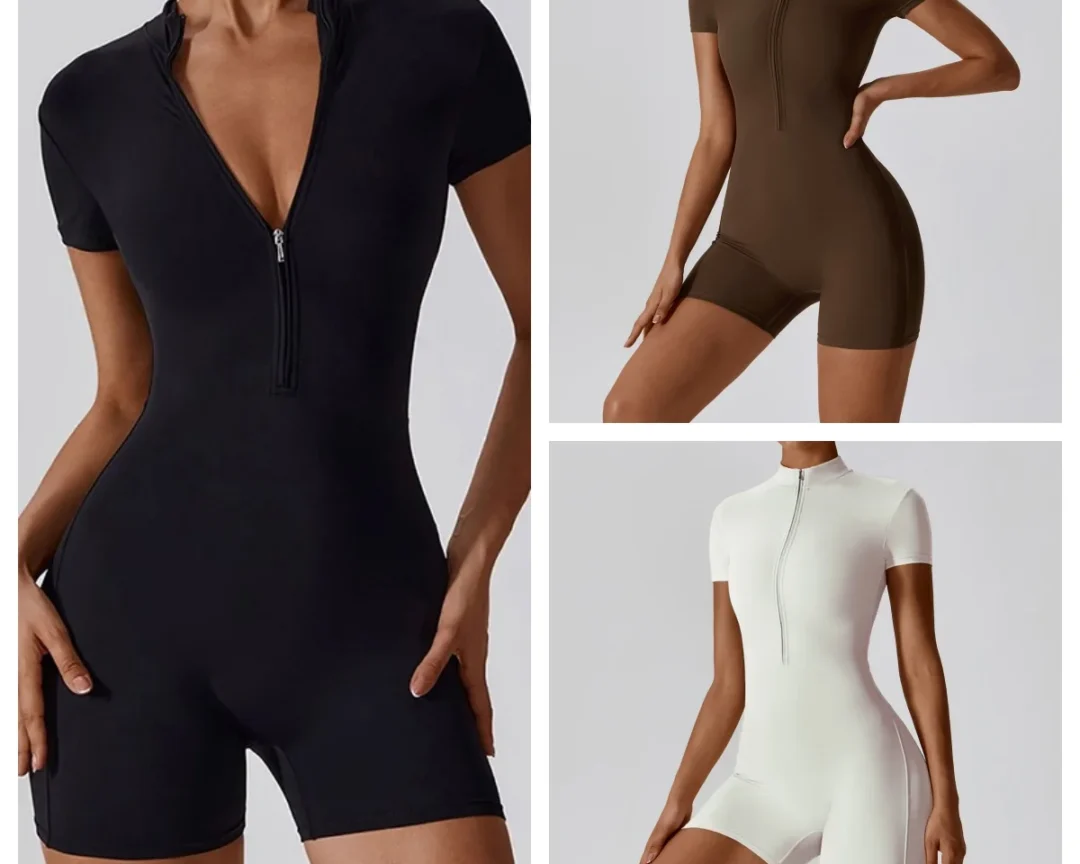 אוברול יוגה קצר עם רוכסן לנשים - מהיר לייבוש, נושם ומתאים לפעילות גופנית, ריצה וספורט