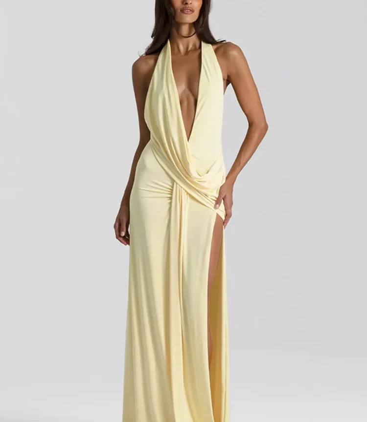 שמלת מקסי סקסית עם צווארון עמוק בצורת V וגב חשוף לנשים, אופנתית, ללא שרוולים