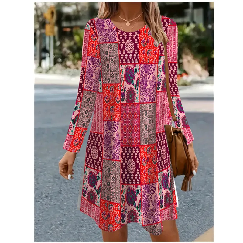 שמלת A-Line משוחררת עם שרוולים ארוכים וצווארון O לנשים, דוגמת פרחים בתלת מימד, וינטאג' אלגנטית