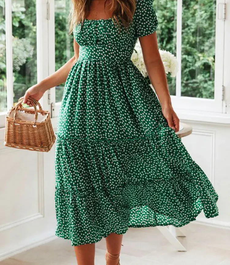 שמלות וינטאג' עם הדפס, שרוול נפוח לקיץ, שמלות חופש מתוקות
