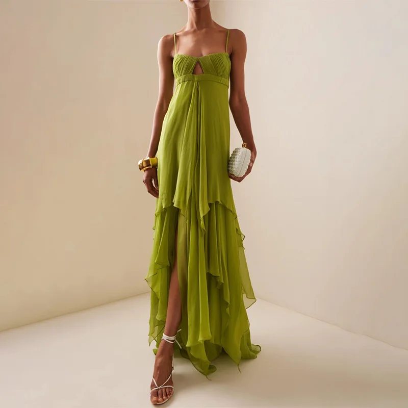 שמלת חופשה משיפון בסגנון אופנתי, ארוכה חדשה עם רצועה אלגנטית עיצוב מיוחד וייחודי