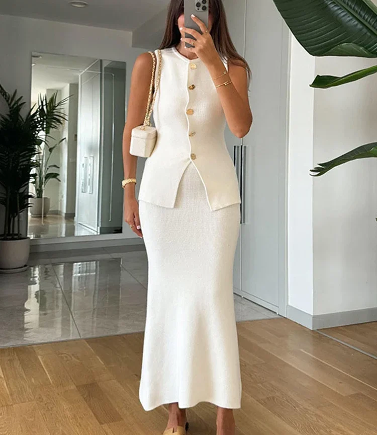 סט 2 חלקים, חצאית ארוכה ואפודה אלגנטית מסריג, חליפה מהודרת  2025