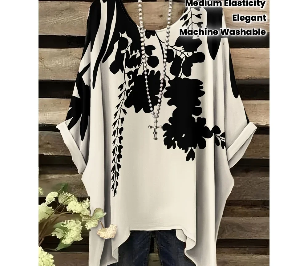 חולצת טוניקה בוהמית ושיקית לנשים | עיצוב פרחוני שחור ולבן