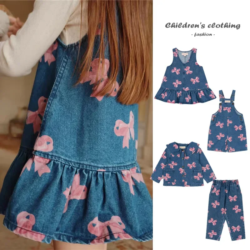 סט ילדים חדש לשנת 2025 מבד ג'ינס KS עם הדפס, שמלת ג'ינס לתינוקות בנות, ג'קט ג'ינס  בסגנון בוטיק