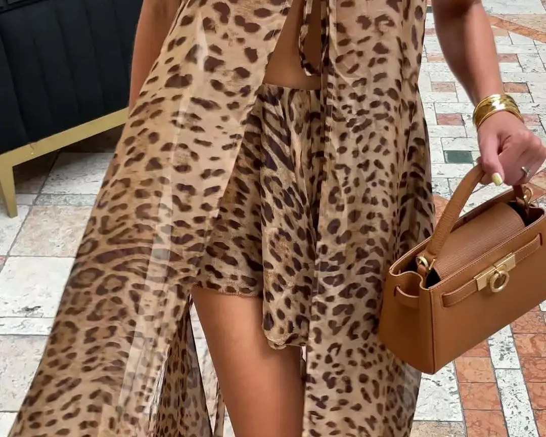 שמלת חוף לנשים 2025 עם הדפס שיפון, שמלה ארוכה , שורט עם הדפס נמר , לבוש אלגנטי וקזואלי