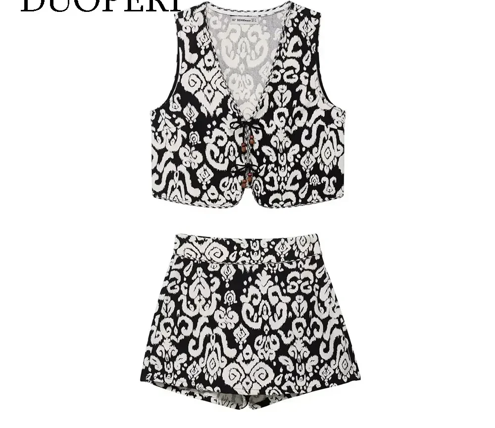 2025 סט נשים חתיכי חדש, 2 חלקים מודפס, וסט ומכנס קצר