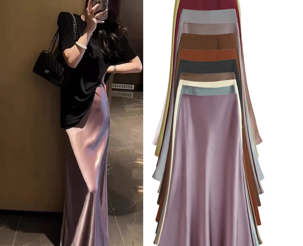 חצאית ארוכה בסגנון צרפתי לנשים, סאטן בגזרה גבוהה