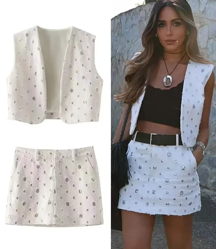 סט חצאית ספורט אלגנט חתיכי לנשים, 2 חלקים, וסט וחצאית מבריקה