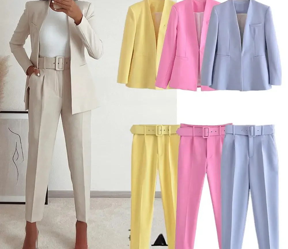 סטים וינטאג' מחויט לנשים עם שרוולים ארוכים, מפתח V ומכנסיים רחבים, מותן גבוה