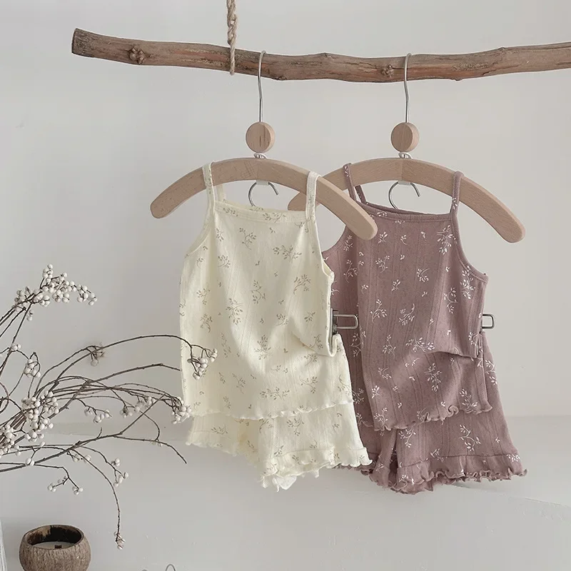 סט בגדי קיץ לילדות מבד 100% כותנה, קוריאני עם שרוולים מפונפנים וללא שרוולים,לילדים בגילאי 0-4