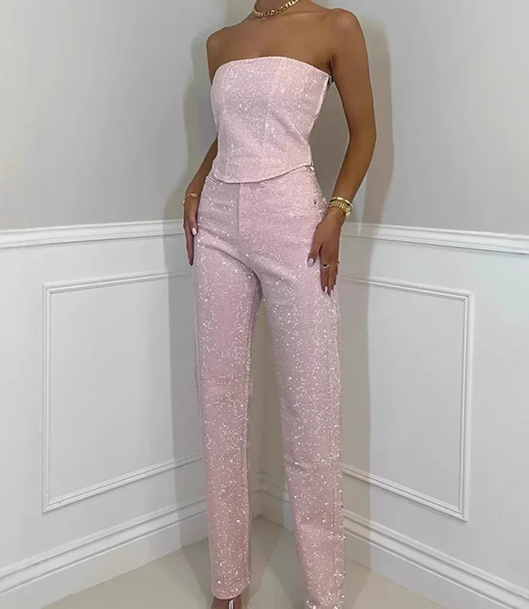 סט 2 חלקים בד גמיש, מכנסיים ומחוך סטרפלס לנשים, מותן גבוה וכיסים - 2025