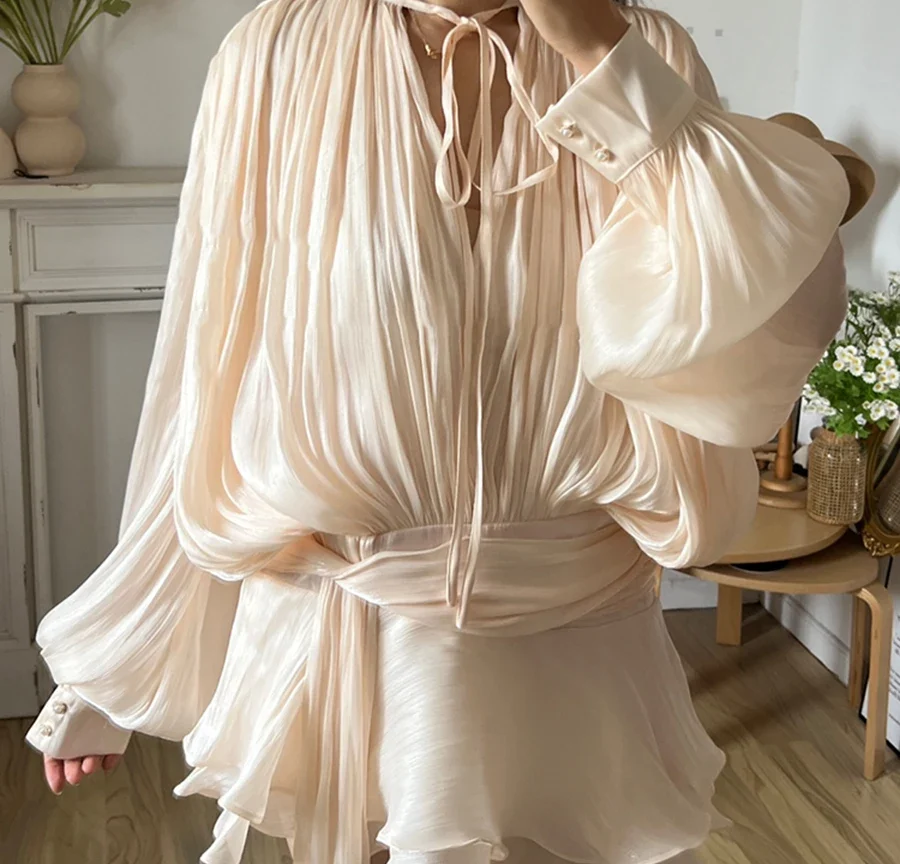 שמלת בלוזון סולידית, מיני לנשים, שרוול ארוך, דגם ייחודי