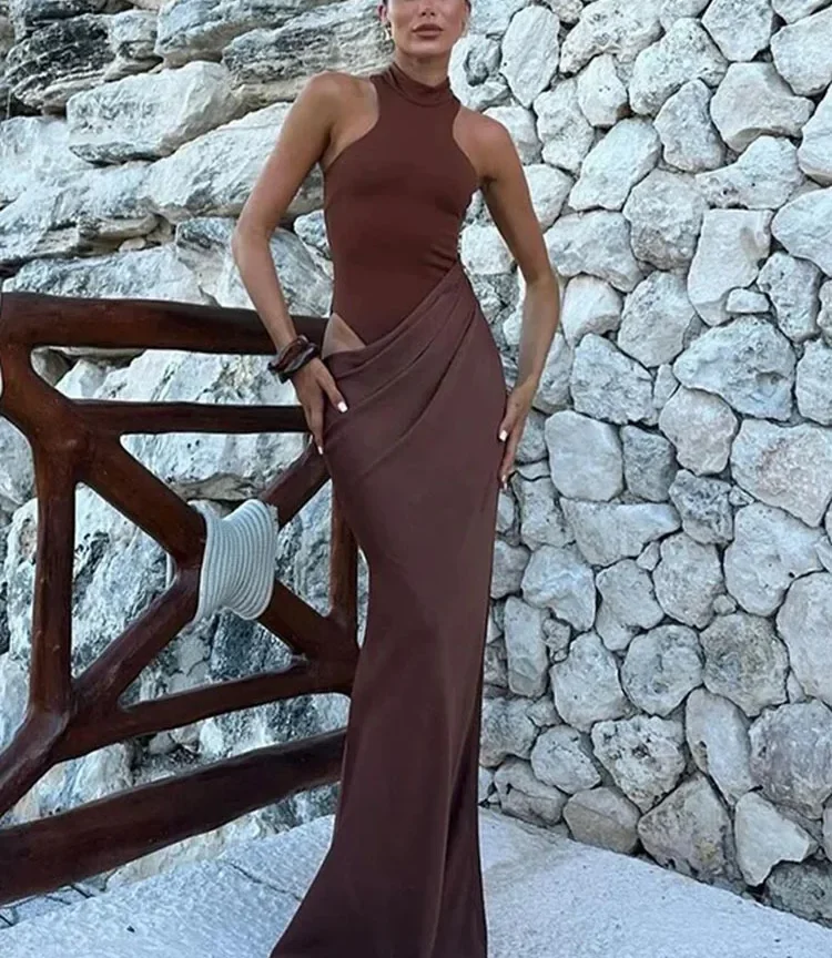 שמלת מקסי סקסית עם פתחים לנשים,ללא שרוולים, מותן גבוה, אלגנטית לאירוע