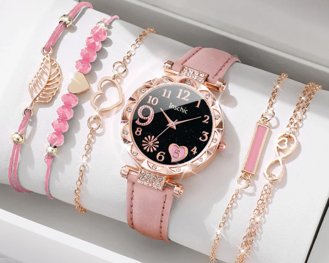 6 יחידות / מערכת שעון לנשים עם מסגרת לב אופנתית, רצועת עור אנלוגית, שעון קוורץ עם עלה וצמידים (בלי קופסה)