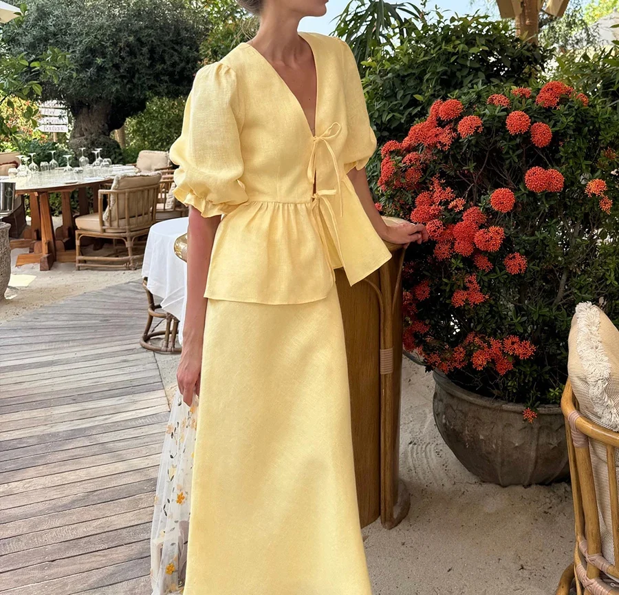 סט חולצה ארוכה עם שרוולי בועה ומחשוף V מבד 100% כותנה לנשים לקיץ 2025