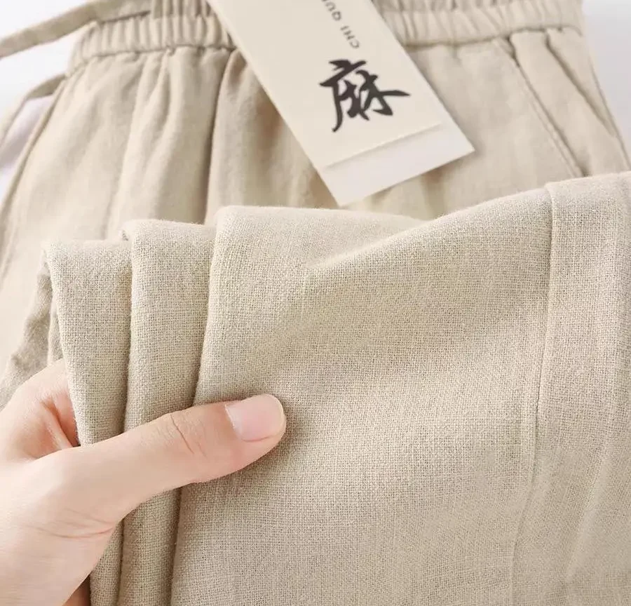 מכנסי פשתן טהור, נושם, אלסטי, גזרה ישרה, בסגנון חדש לקיץ, לשימוש רב תכליתי