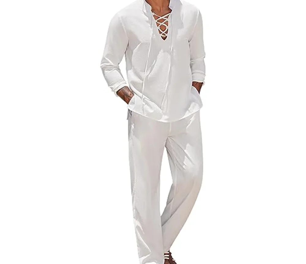 סט אופנתי לגברים, חולצה ומכנסיים מבד כותנה ופשתן ,לשימוש יומיומי, לחופשה, לאירוע ולכל מטרה