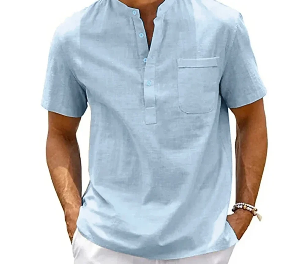 חולצת פשתן כותנה לגבר, צווארון ניקי, שרוול קצר וינטג '