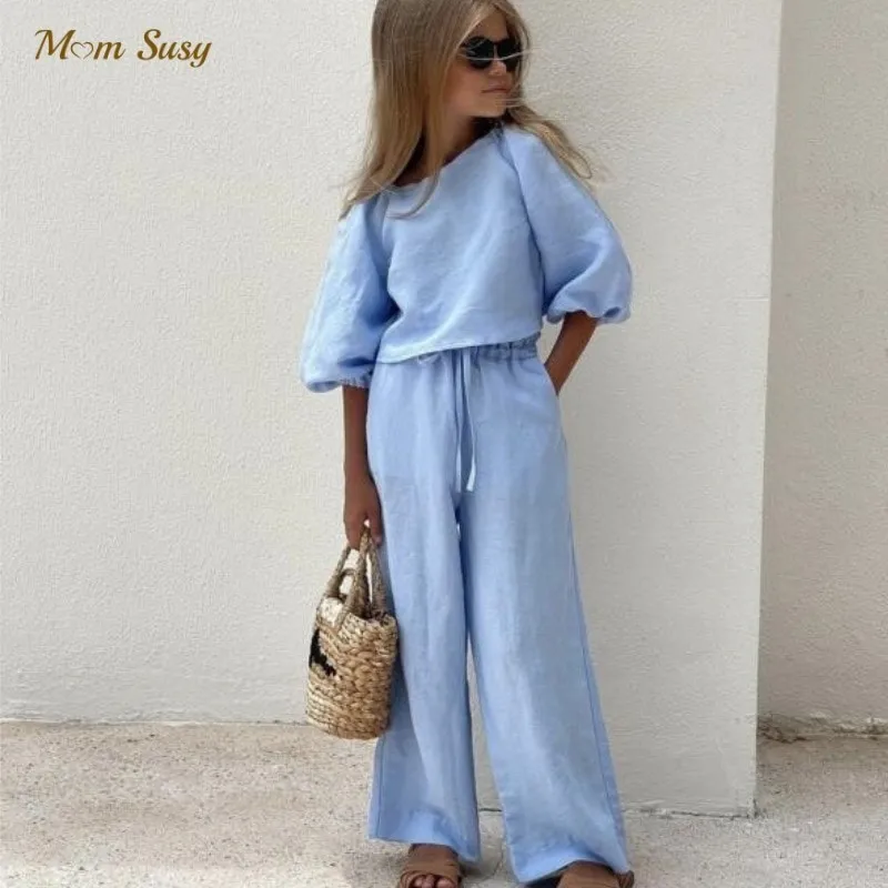 חליפת פשתן כותנה לילדות,  סט חולצה + מכנס 2 חלקים