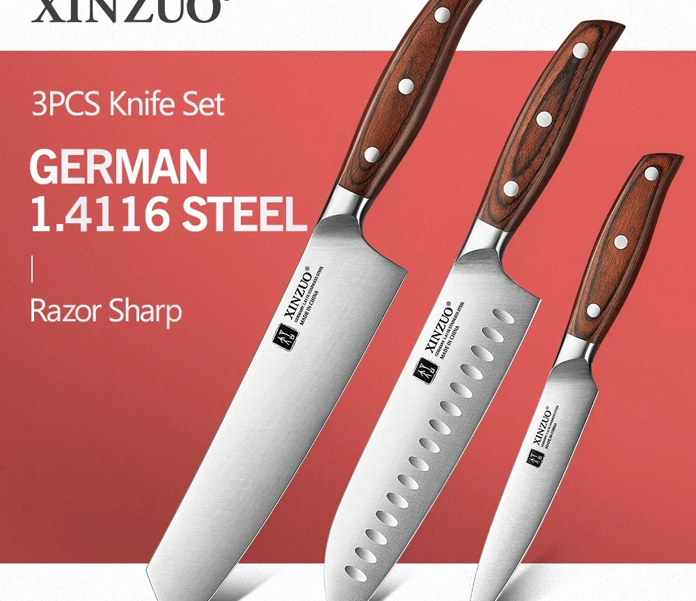 סט סכינים מפלדת אל-חלד,שף סכינים גרמניים 1.4116 ידיות אדומות מעץ סנדלווד