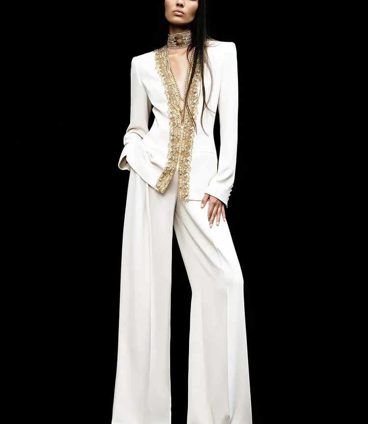 חליפת מעצב באיכות גבוהה דגם חדש לשנת 2025 לנשים עם רקמת חרוזים זהב, רוכסן, שרוול ארוך, מעיל ומכנסיים - סט של 2 חלקים ﻿