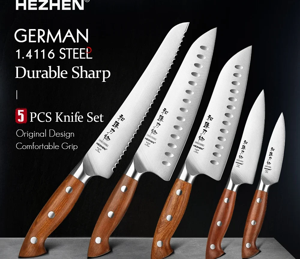 סט סכיני שף גרמני, HEZHEN 1PC או 5PC עם ידית עץ אדומה מפלדת 1.4116