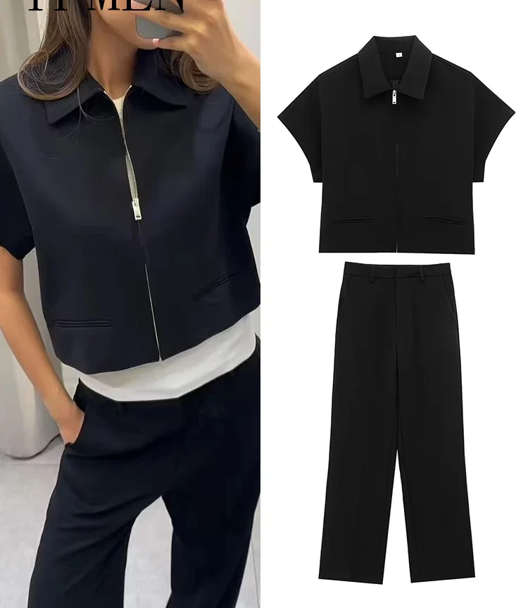 סט פנאי אופנתי לנשים 2025 חדש,עליונית שרוול קצר, מכנסיים רחבים 2 חלקים