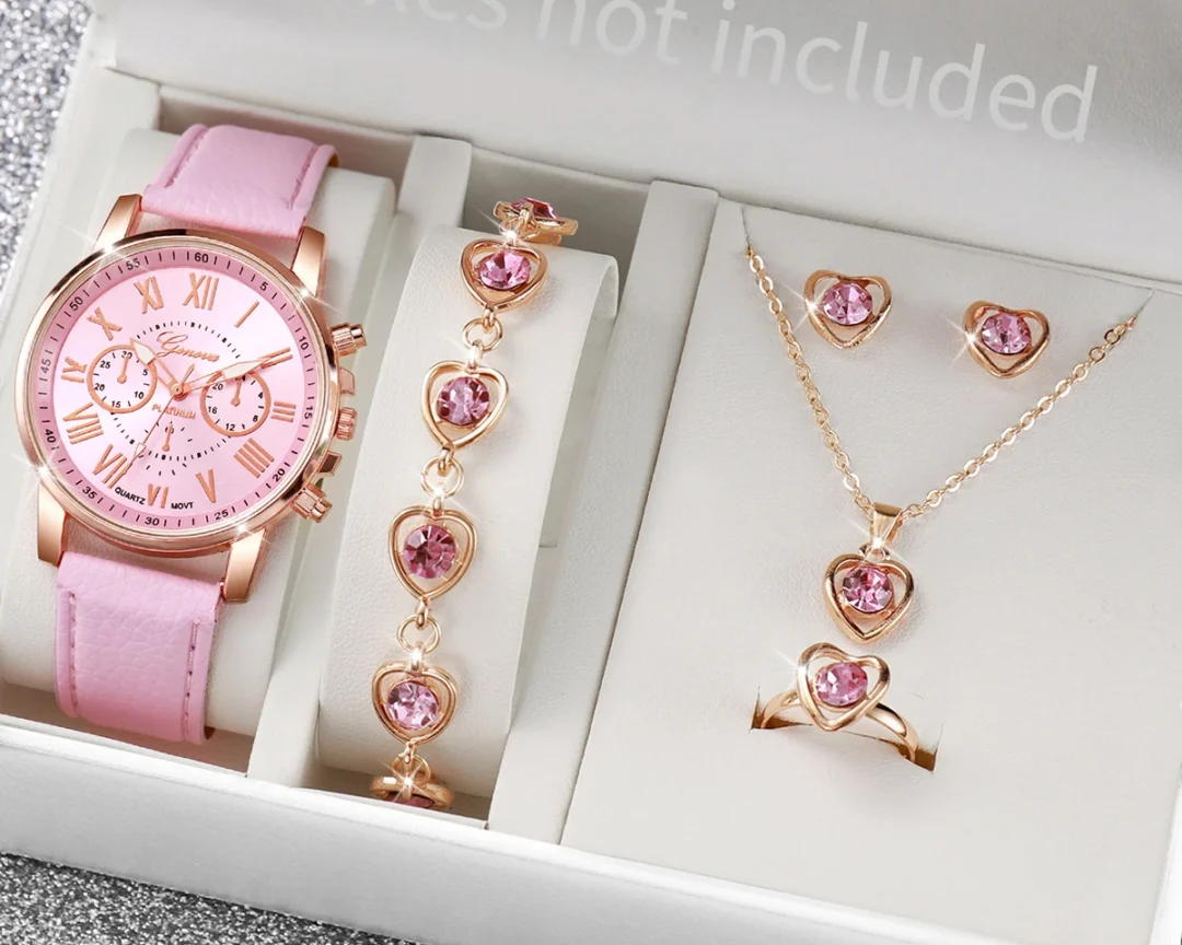 5/6 יחידות שעון קוורץ לנשים בסגנון אופנתי עם רצועת עור, שעון יד אנלוגי עם לב ואבן חן (בלי קופסה)