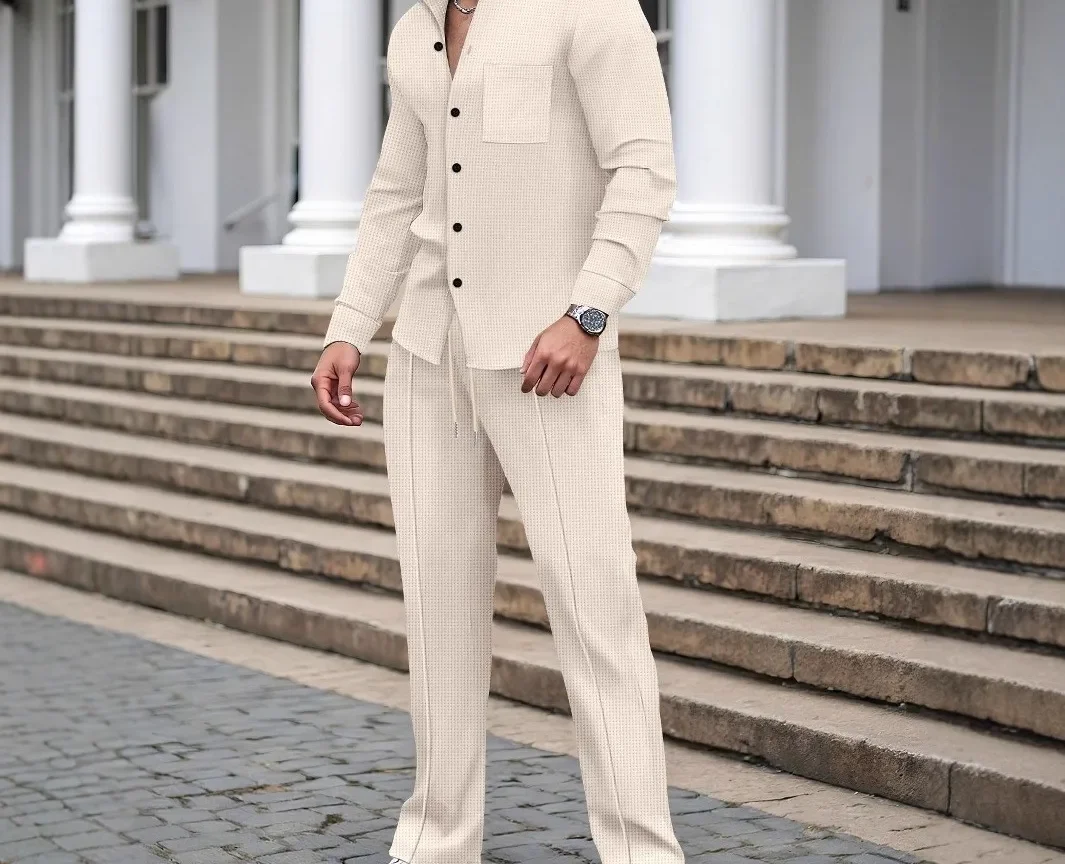 חליפת גברים חדשה לסתיו, חולצת קרדיגן שרוול ארוך עם כיס, מכנסיים ארוכים