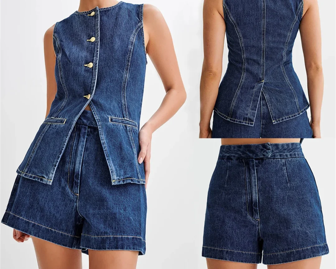 חליפת שורט ג'ינס מגניבה לנשים, מכנסיים קצרים בגזרה גבוהה  + ווסט עליון