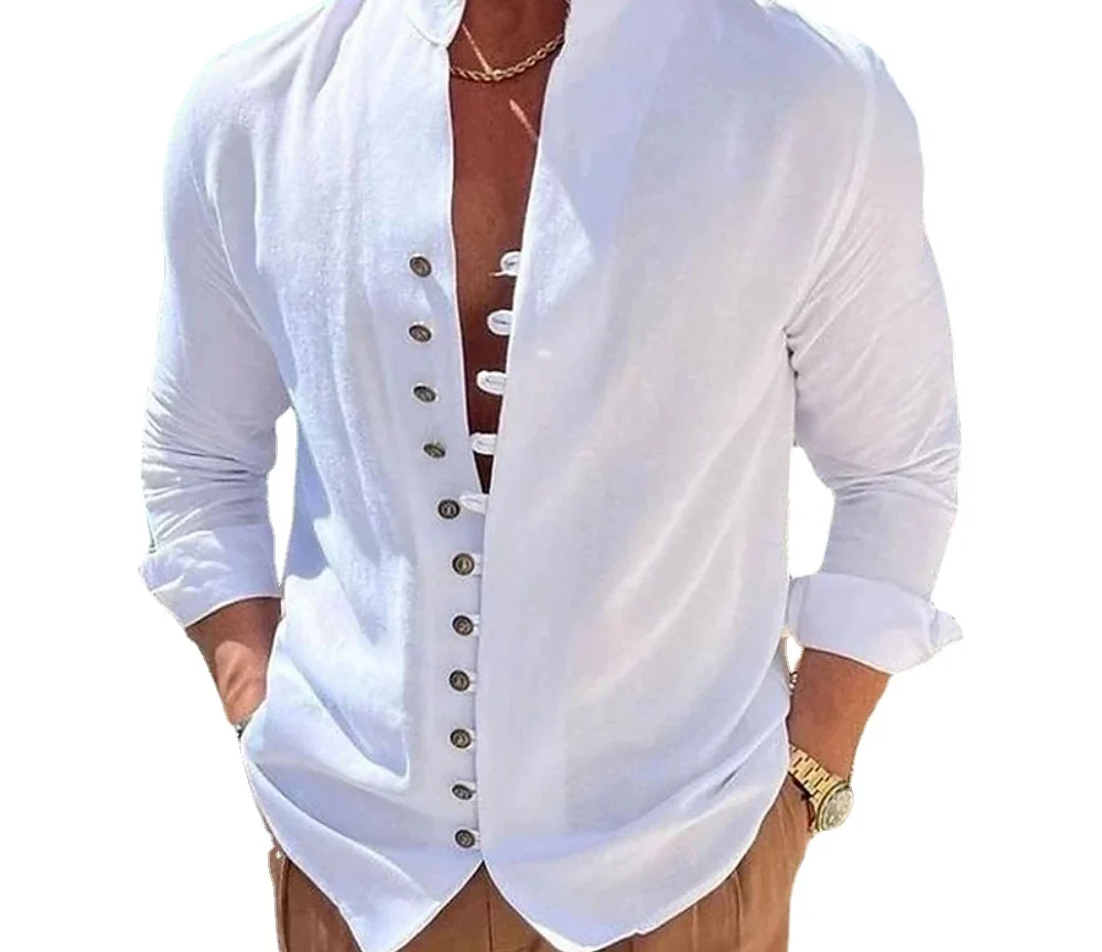 חולצת קיץ סתיו חדישה בסגנון קז'ואל לגברים, חולצת שרוול ארוך בצבע אחיד עם כפתורים, מידה גדולה