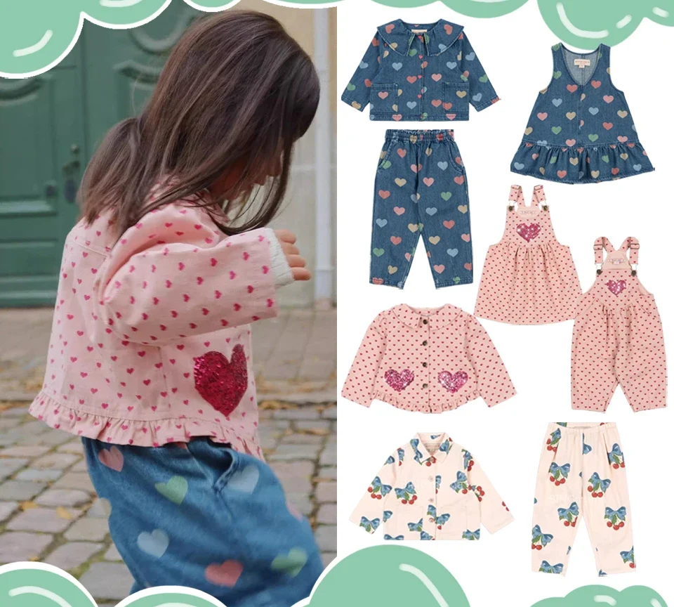 סט בגדי ילדים 2025 KS ג'קט ומכנסיים עם הדפס חמוד לילדות עם לבבות מבריקים, אוברולים לילדות קטנות, שמלת ג'ינס לילדות