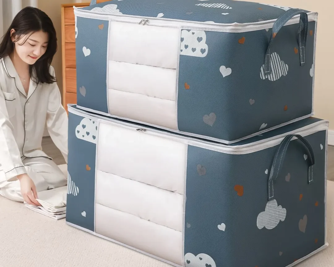 תיק אחסון מושלם לאחסון בגדים שמיכות ומצעים, קיבולת גדולה עם ידית מחוזקת, מתקפל עם רוכסן חזק