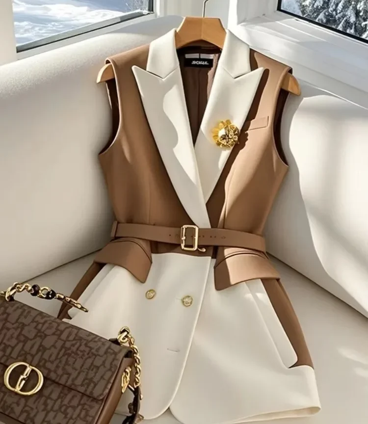 וסט ג'קט צבע קפה ללא שרוולים עם חגורה רטרו לנשים אופנתי