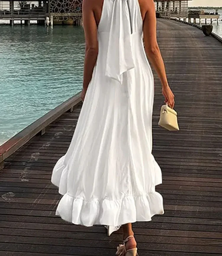 שמלת חופש, ארוכה בסגנון קז'ואל לנשים, ללא שרוולים, צבע אחיד