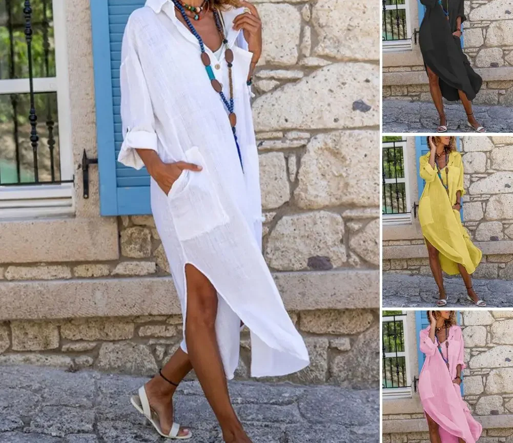 חולצה שמלה לנשים פשתן כותנה אביב קיץ