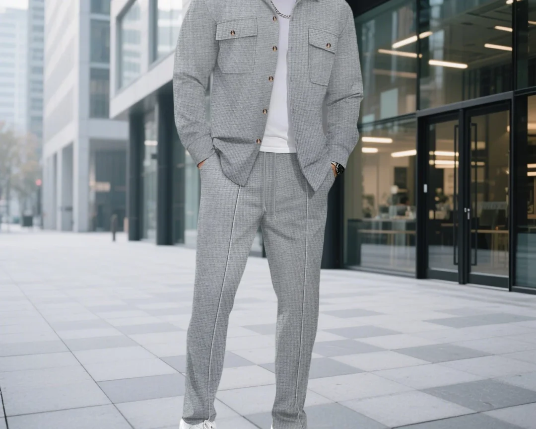 חליפת גברים, ג'קט כפתורים ומכנסיים ארוכים בסגנון ישר , נוחים ונשפכים, מתאימים לעסקים ולשימוש יומיומי