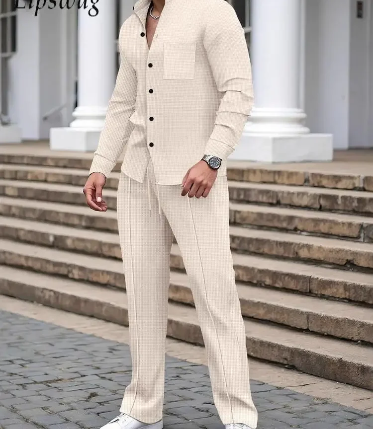 סט לגברים חולצה ומכנסיים וינטאג'  2025, סתיו מגמה צבע אחיד, שני חלקים בסגנון קז'ואל עם שרוולים ארוכים