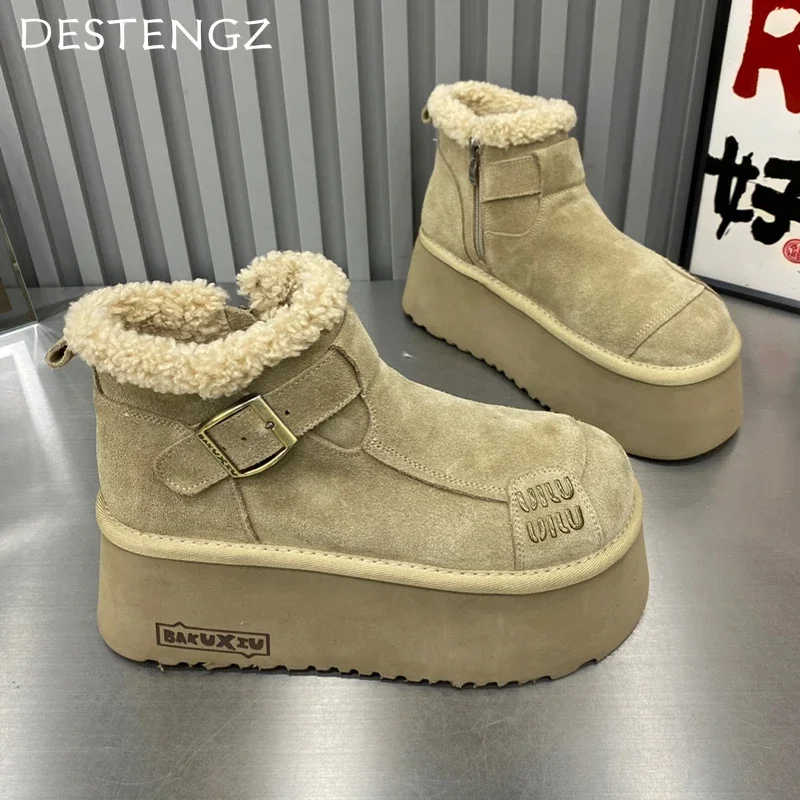 חדש - מגפוני פרווה פלטפורמה לנשים, מגפי קרסול חמות לחורף, טרנד בעיצוב ייחודי, מרופד קטיפה פנימית רכה ומחממת