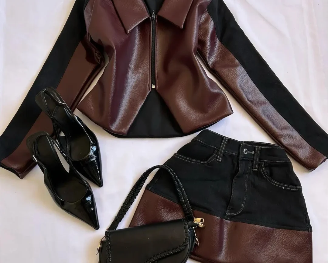 חליפת ג'ינס מעור וינטאג' לנשים בצבע חום עם רוכסן וחצאית שחורה בעיצוב ייחודי שני גוונים