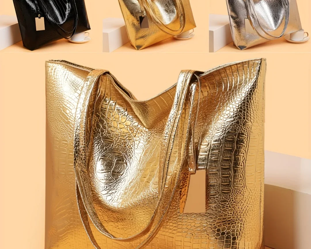 תיק נשים וינטאג', תיק כתף בנפח גדול עם סגירת רוכסן, גימור מתכתי לעבודה, למסיבות ולשימוש יומיומי