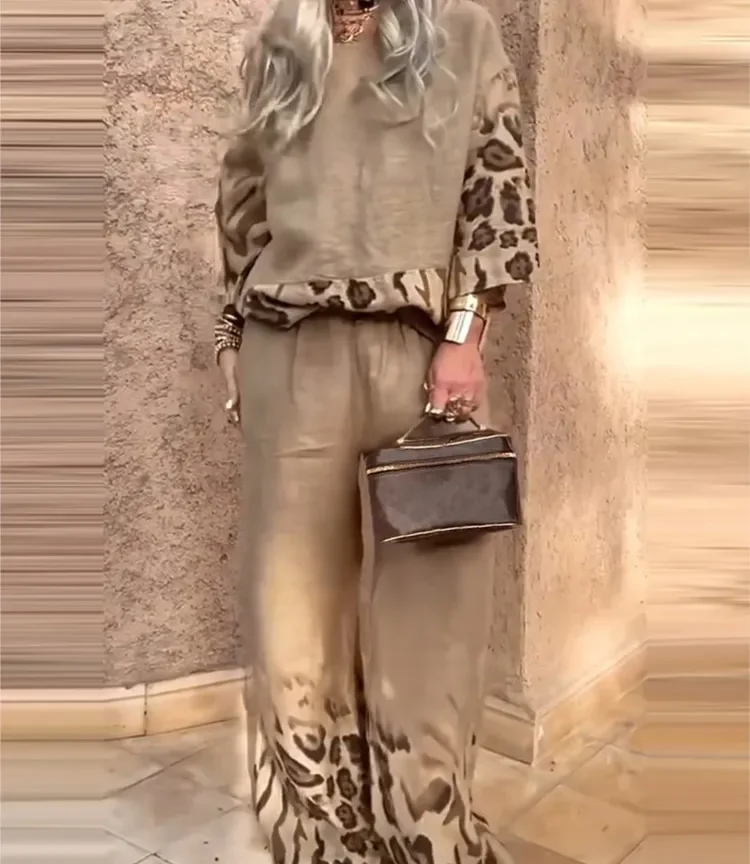 סט שני חלקים לנשים בסגנון טרנדי חדש, חולצה  ומכנסיים אובר סייז, מתאים למשרד ולחופשה, את יפה גם כשנוח לך