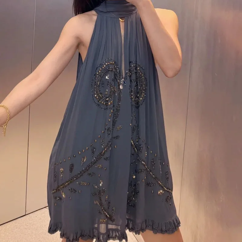 שמלה עם חרוזים ופנינים, צווארון גבוה אלגנטי, שמלה קצרה ומחמיאה לשנת 2025, ללא שרוולים, לנשים, שימושית למגוון אירועים