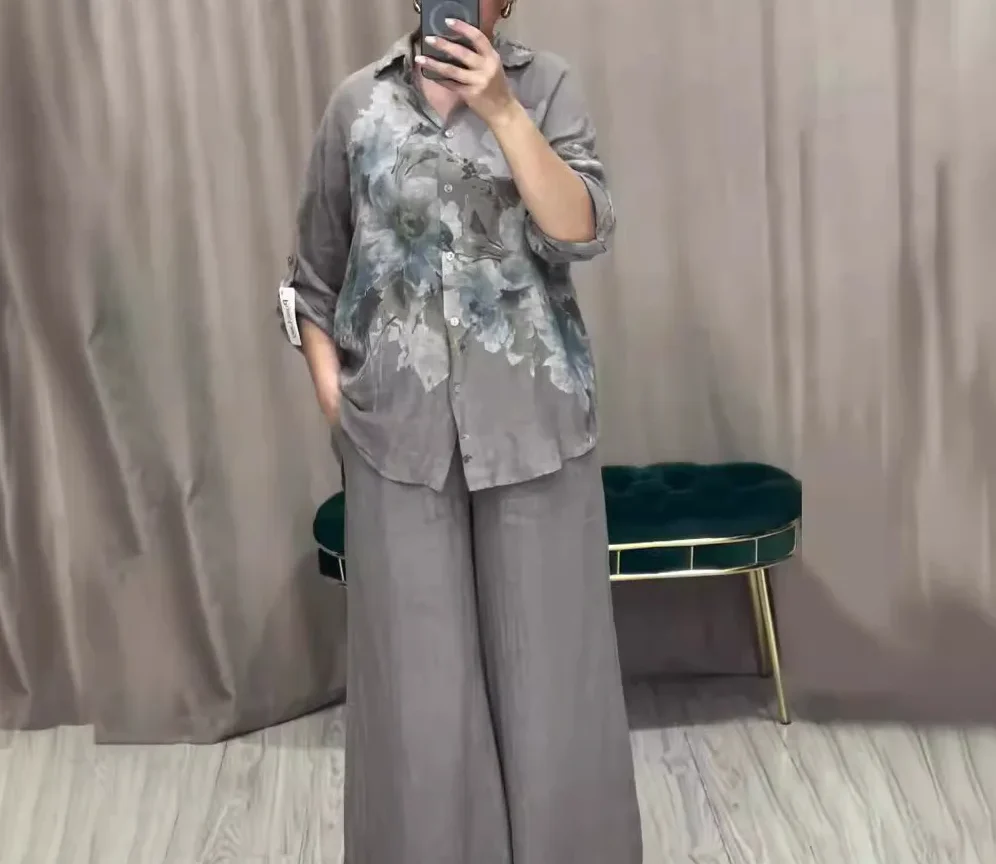 חליפה בסגנון קז'ואל, סט שני חלקים, חולצת הדפס פרחוני בגזרה ישרה, מכנסי רגל רחבים, גמישות קלה בבד