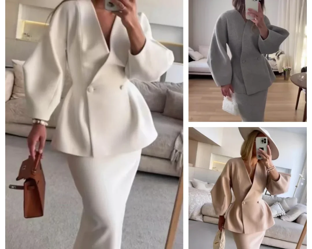 סט מסריג קל, חצאית ובלייזר אלגנטי לנשים, צווארון V צר, שרוולים ארוכים בסגנון לנטרן, ג'קט עליון וחצאיות מידי, 2 חלקים, לבוש קלאסי מודרני