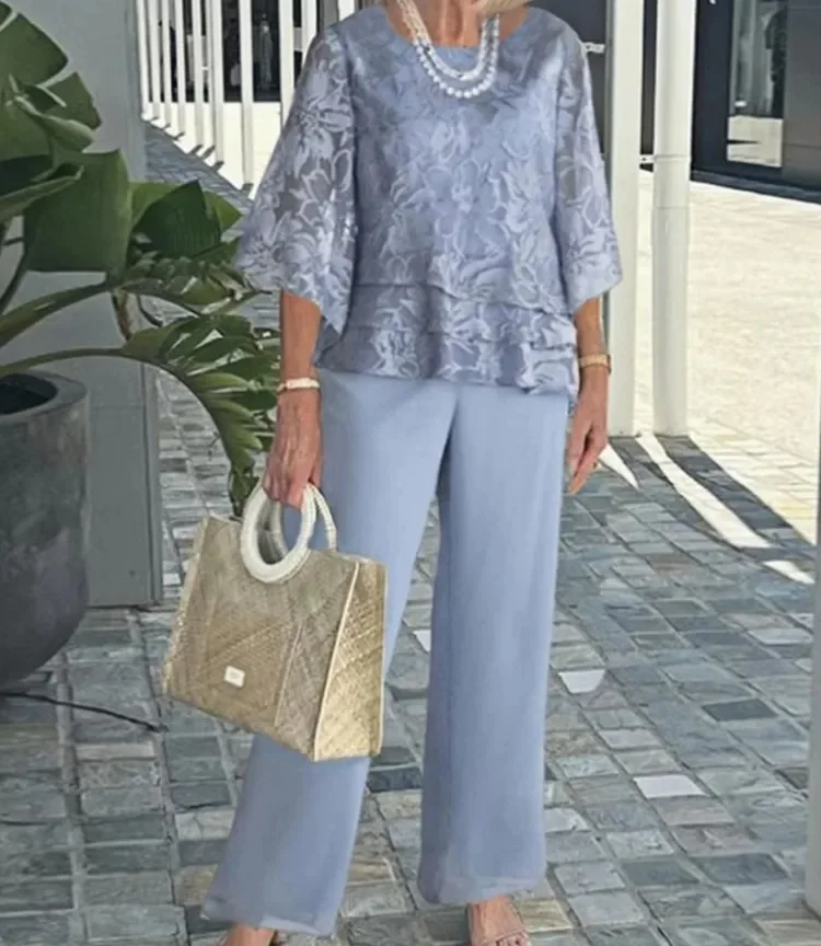 סט כותנה ופשתן חדש,  מחשוף עגול ושרוולים באורך שלושה רבעים, מכנסיים רחבים אלסטי במותניים, שני חלקים, בגדי משרד לנשים