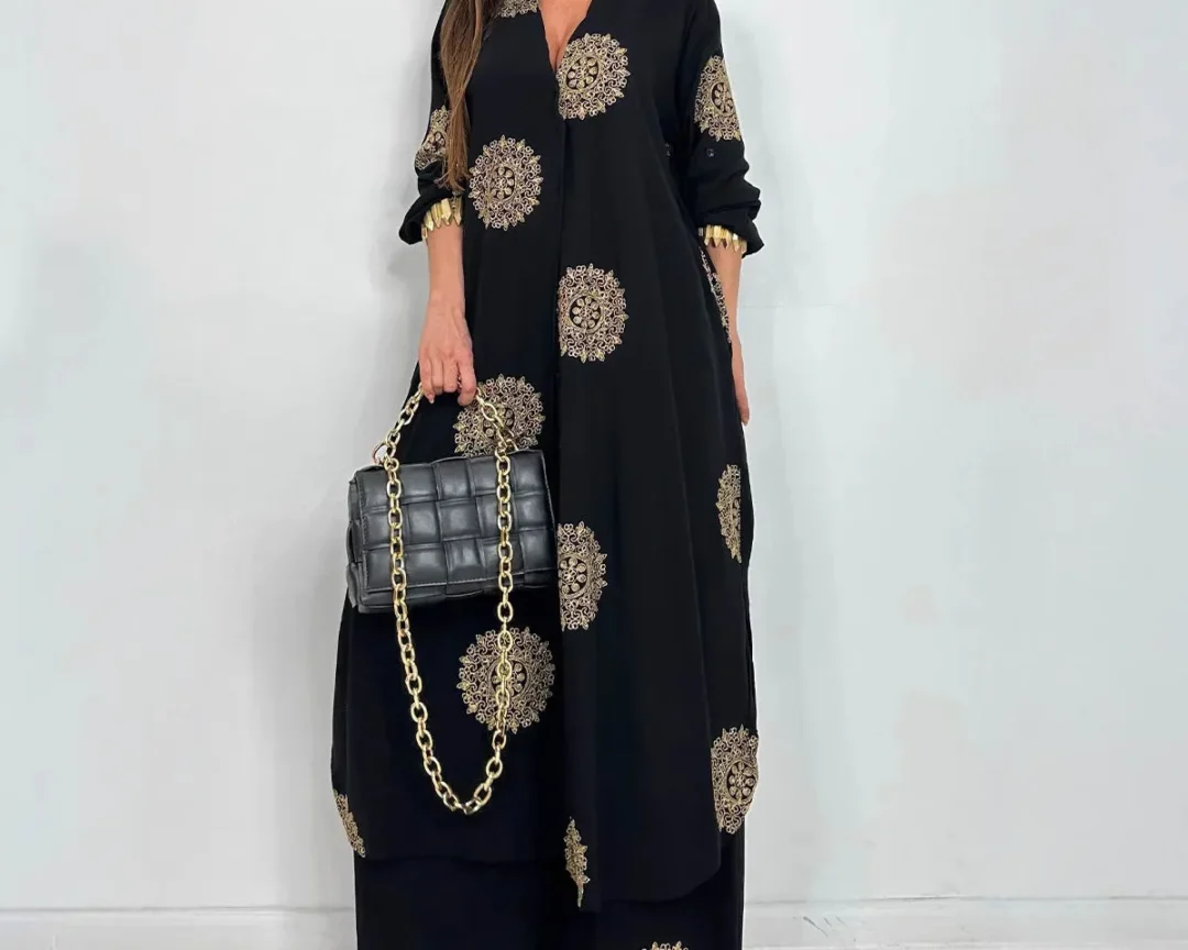 סט 2 חלקים בוהו שיק, עליונית בלוזון מודפסת וינטאג' ארוכה אובר סייז לנשים, ומכנסיים רחבים מותן גבוה, אלסטי במותניים, בד ללא גמישות